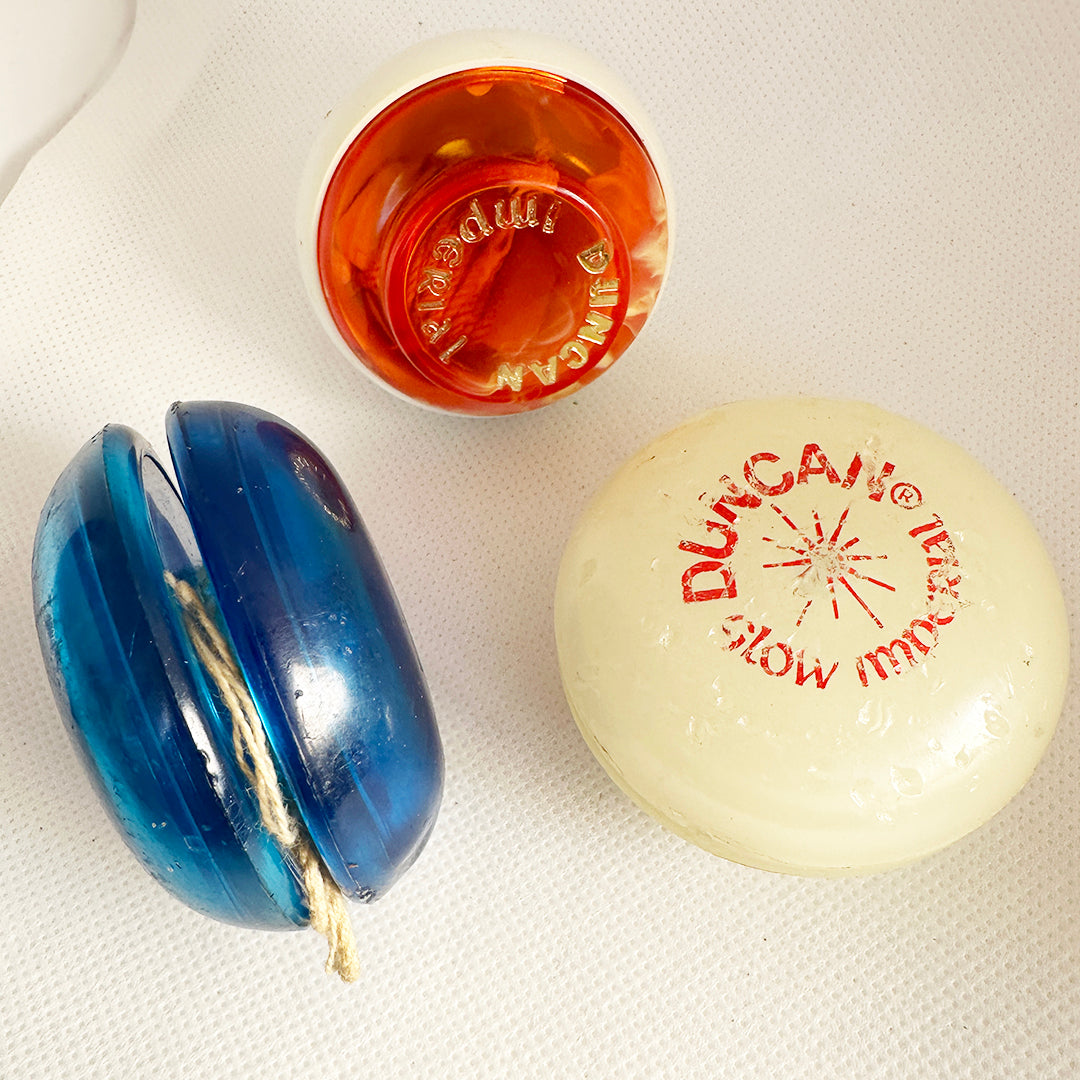 Lot of 3 Vintage Duncan Yo-yos and spin top. Fair condition. Glow, Top, Imperial — view 3