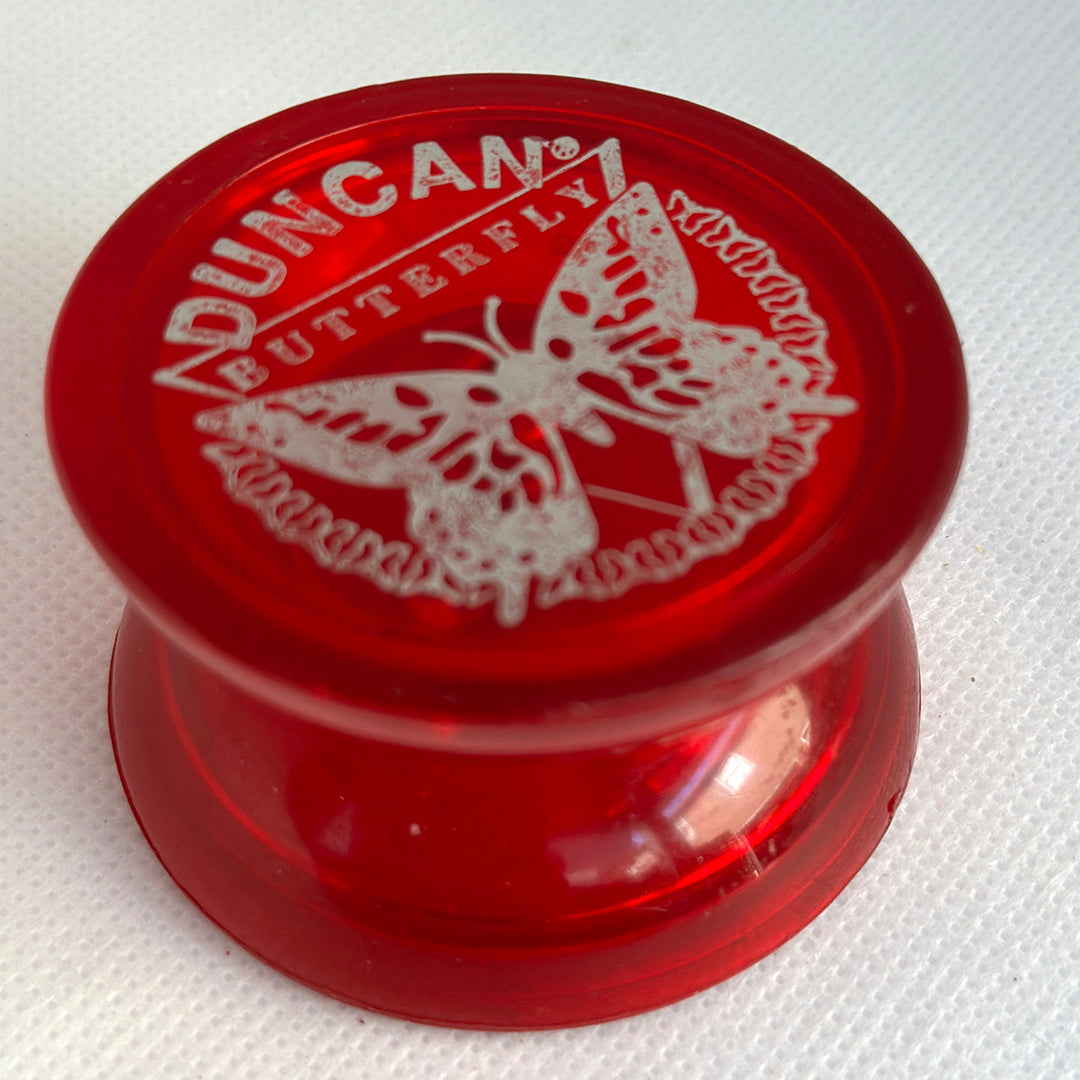 Vintage Duncan Butterfly Yo-Yo - Late 90s Transluscent Red with white imprint Very Good Condition — view 5