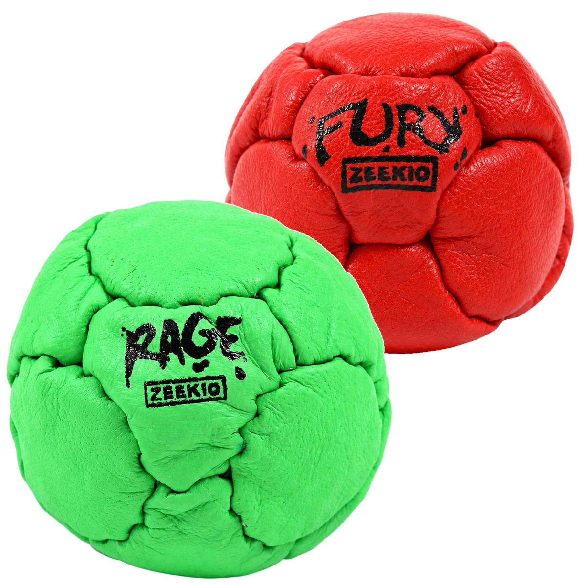 Zeekio Rage Neon Green and Fury Red leather footbag 2-pack