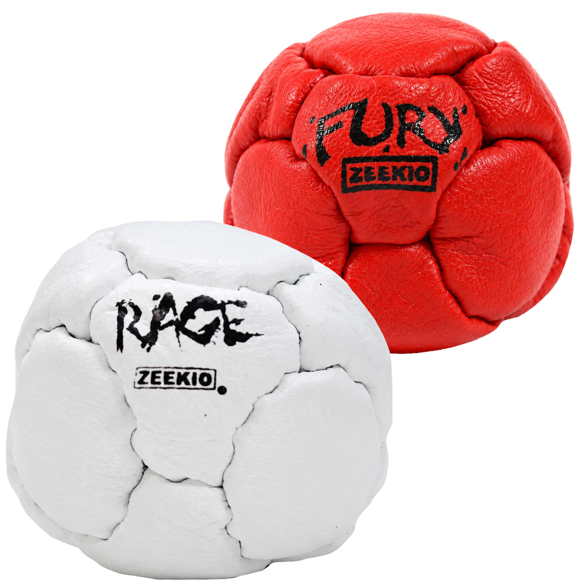 Zeekio Rage White and Fury Red leather footbag 2-pack