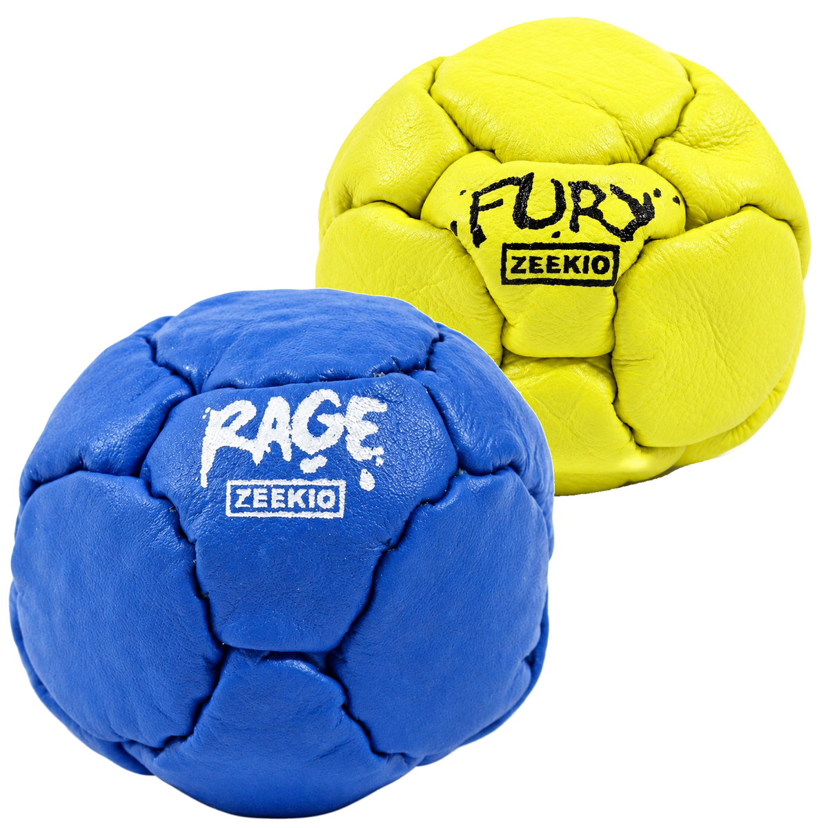 Zeekio Rage Blue and Fury Yellow leather footbag 2-pack