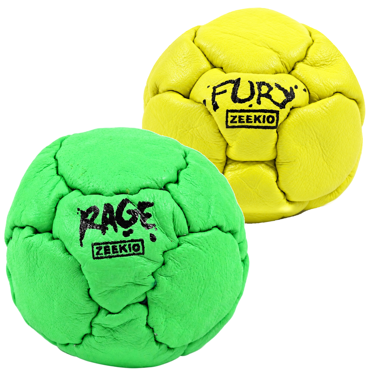 Zeekio Rage Neon Green and Fury Yellow leather footbag 2-pack