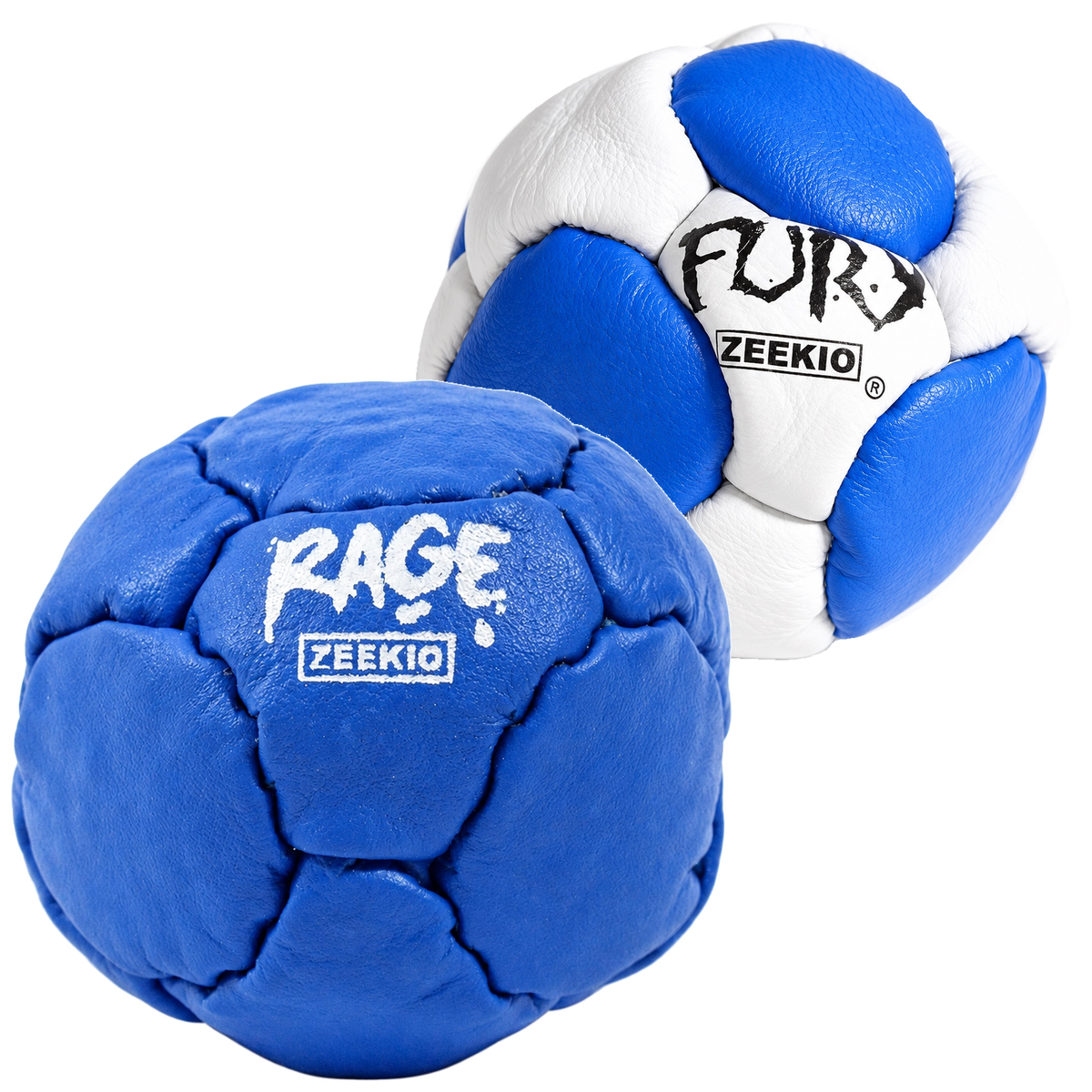 Zeekio Rage Blue and Fury Blue and White leather footbag 2-pack