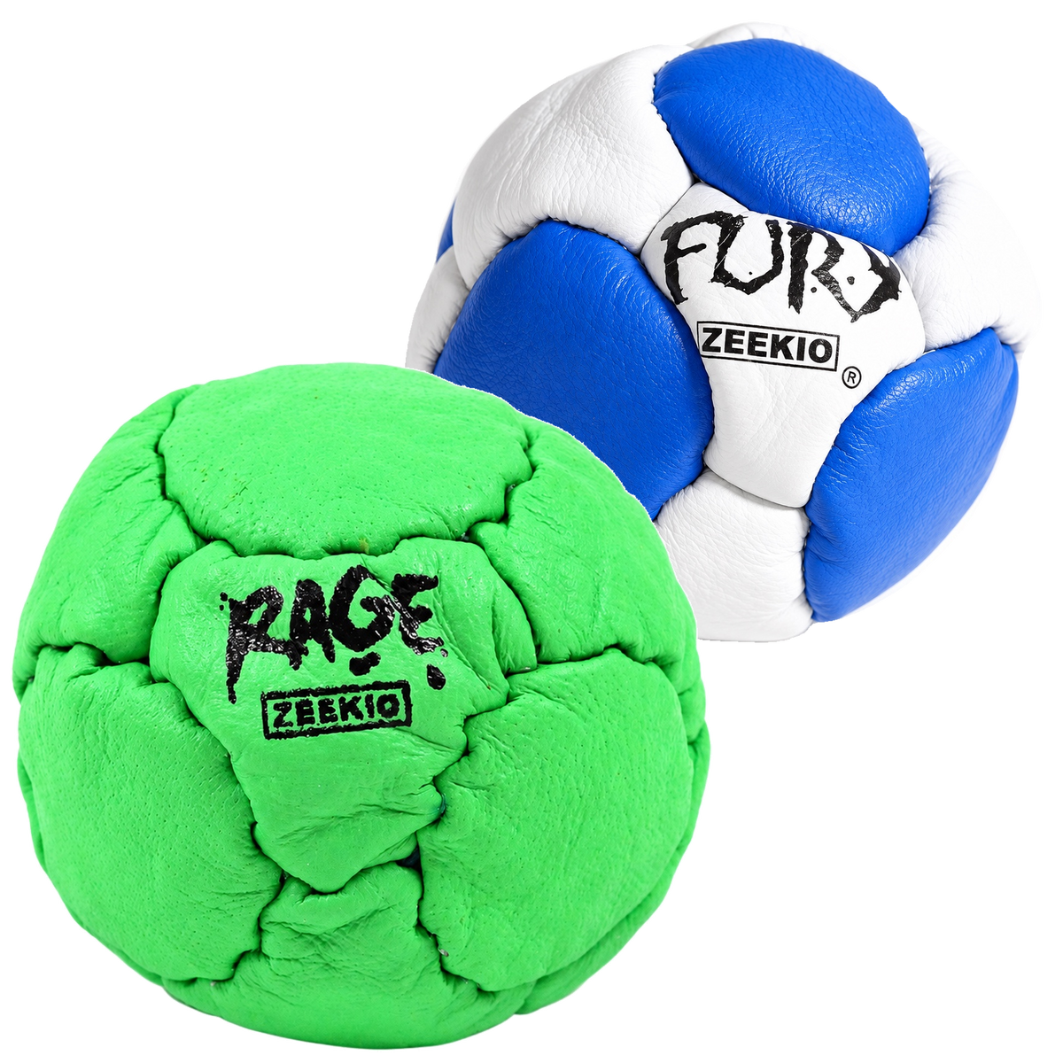 Zeekio Rage Neon Green and Fury Blue and White leather footbag 2-pack
