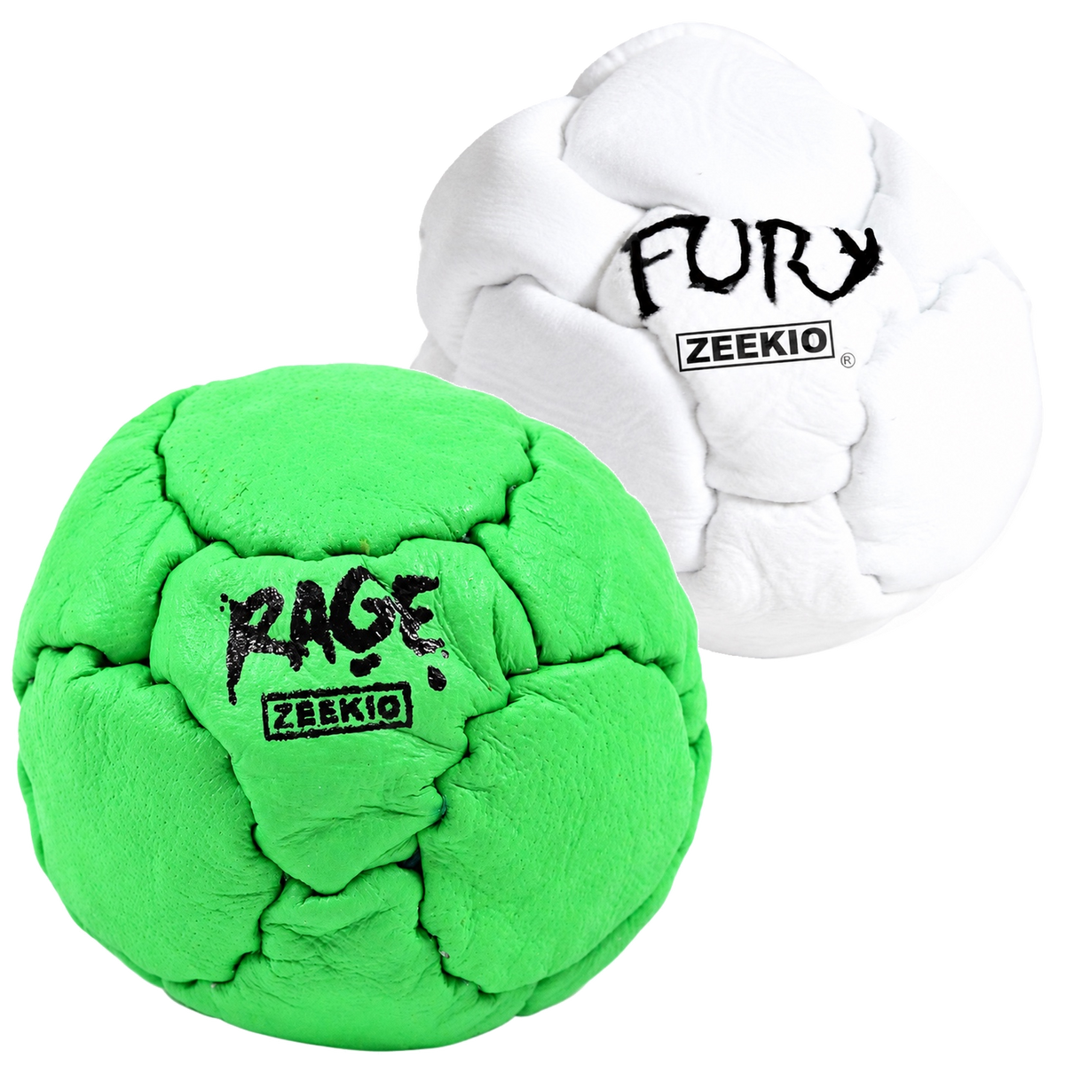 Zeekio Rage Neon Green and Fury White leather footbag 2-pack