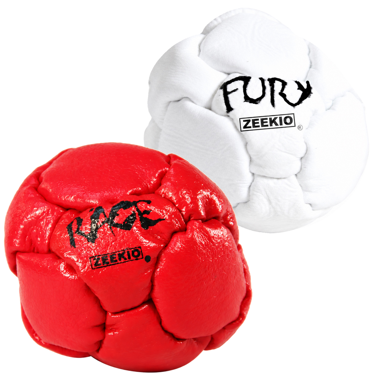 Zeekio Rage Red and Fury White leather footbag 2-pack