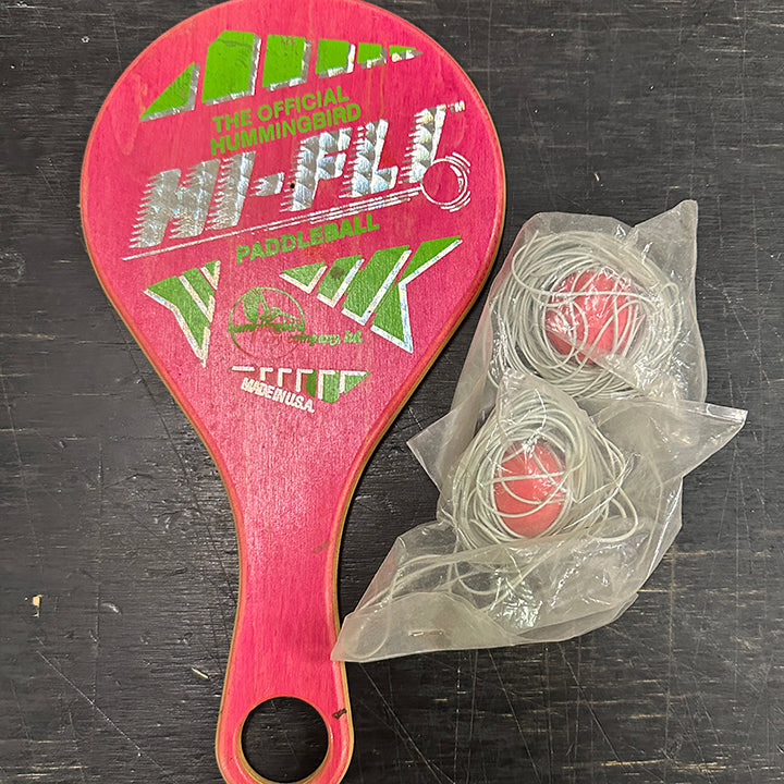 Vintage Hummingbird Hi Fli Paddleball Toy. Wood, with two balls — view 2