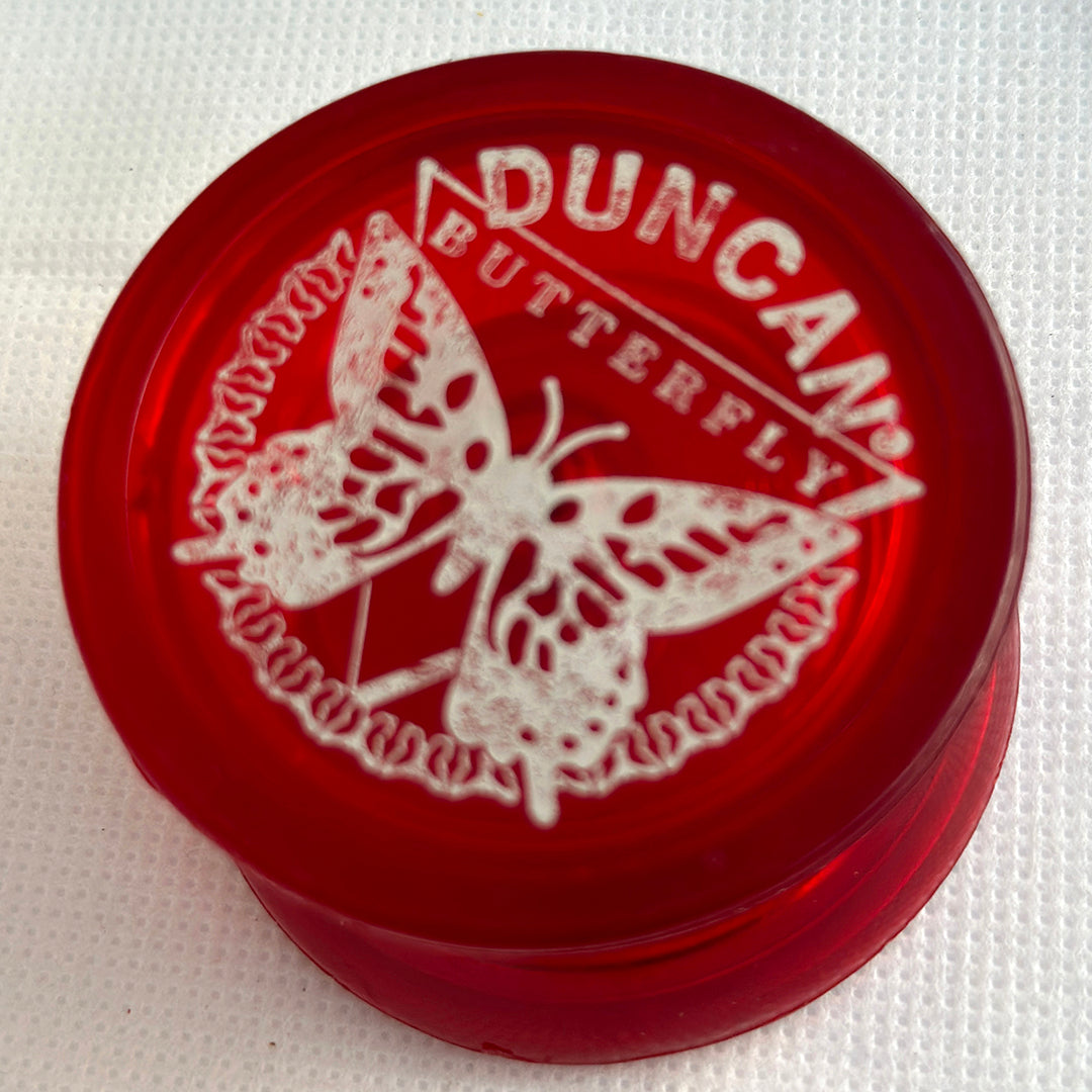 Vintage Duncan Butterfly Yo-Yo - Late 90s Transluscent Red with white imprint Very Good Condition