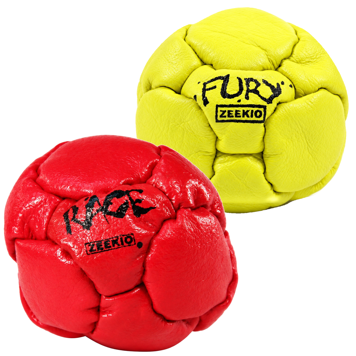 Zeekio Rage Red and Fury Yellow leather footbag 2-pack