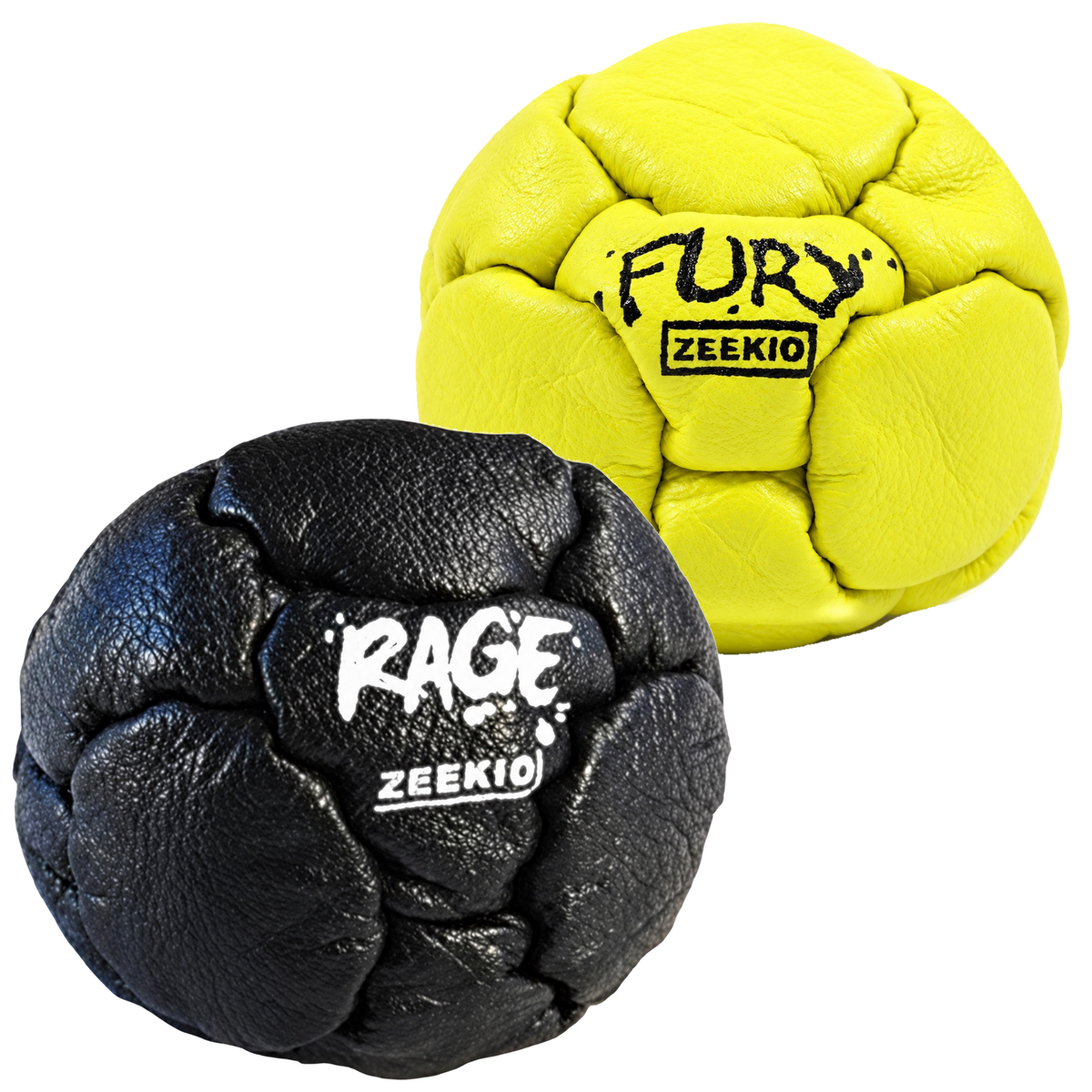 Zeekio Rage Black and Fury Yellow leather footbag 2-pack