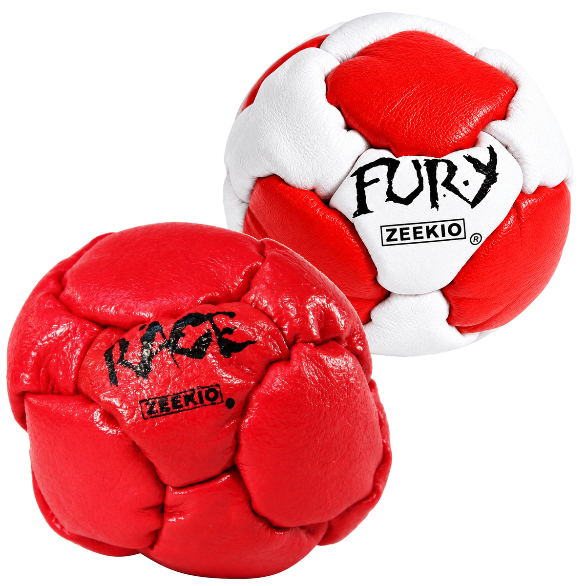 Zeekio Rage Red and Fury Red and White leather footbag 2-pack