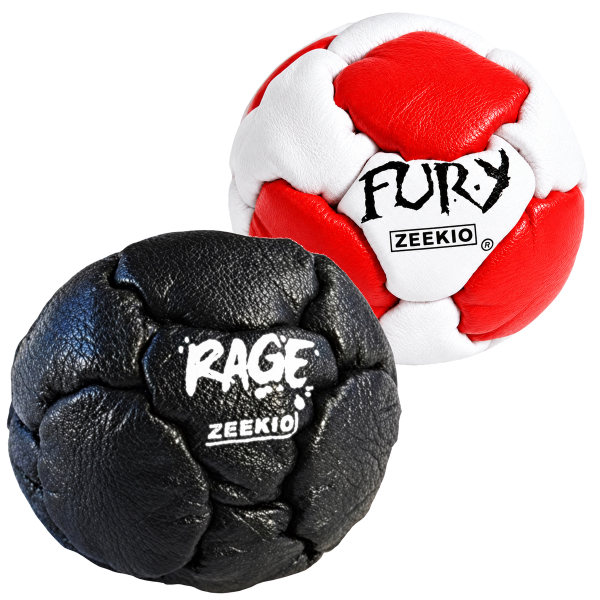 Zeekio Rage Black and Fury Red and White leather footbag 2-pack