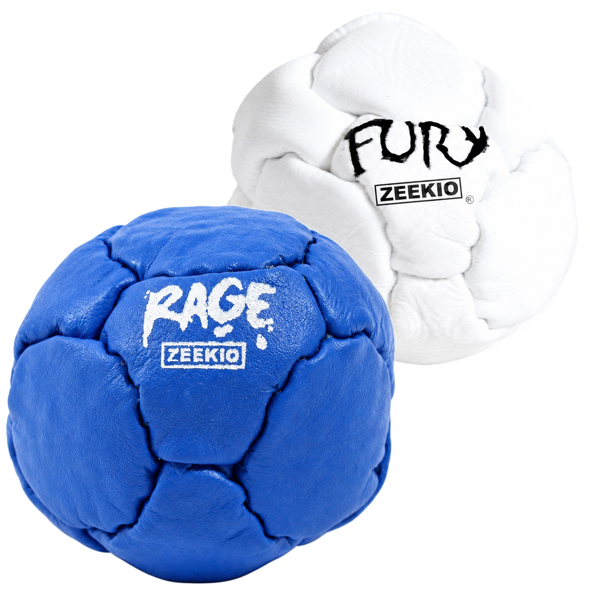 Zeekio Rage Blue and Fury White leather footbag 2-pack