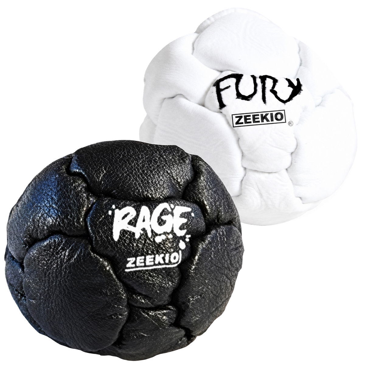 Zeekio Rage Black and Fury White leather footbag 2-pack